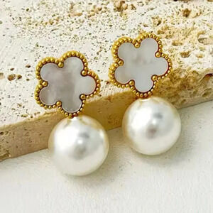 Alhambra Mother Of Pearl Clover 18K Gold Stainless Steel Waterproof Earrings